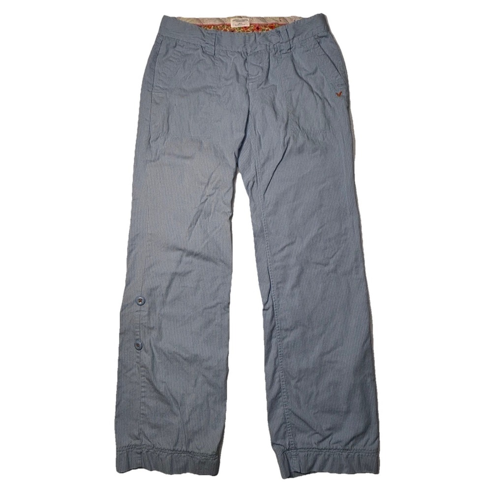 American Eagle Size 4 Blue Pinstripe‎ Cropped Pants Button Leg Cotton Comfort